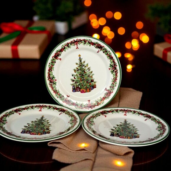 Christopher Radko TRADITIONS Holiday Celebrations Christmas Tree Salad Plates x3 - Picture 1 of 10
